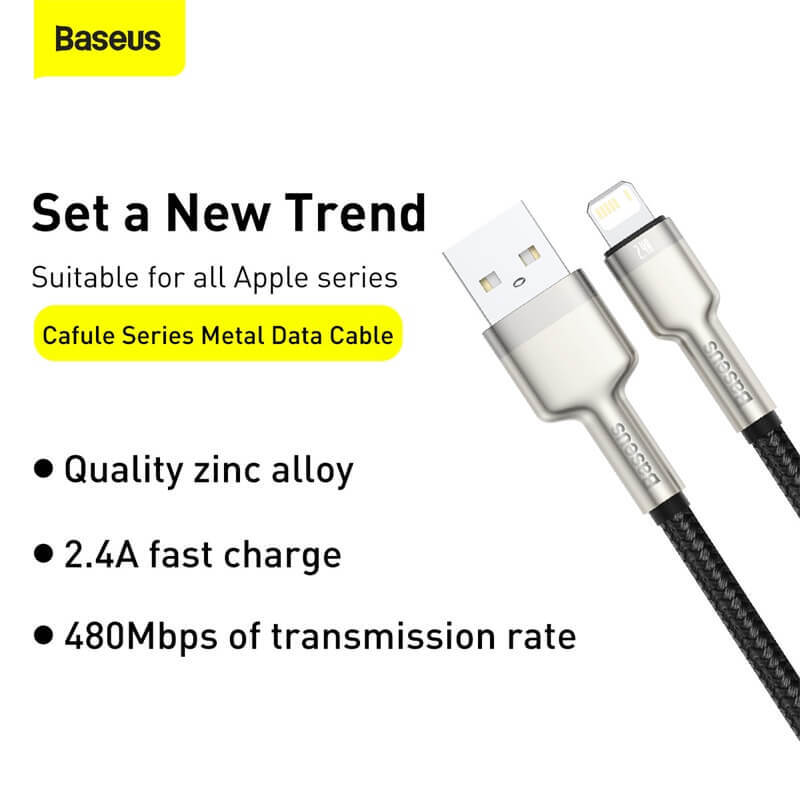 BASEUS 1M USB to Lightning Charging Cable (2.4A) | Cafule Metal Series Apple iPhone Fast Charger Cable