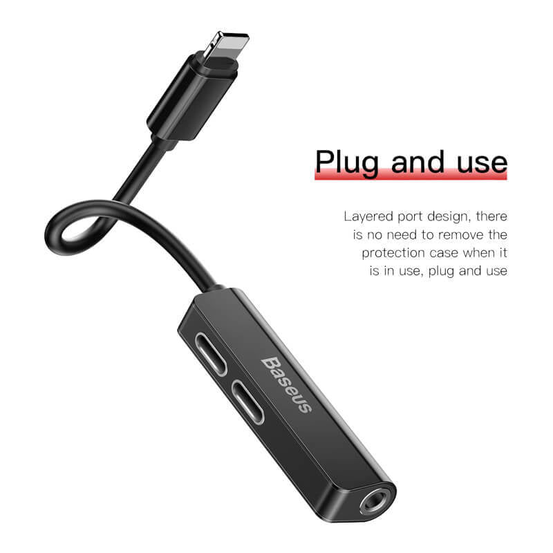 Baseus iPhone Male to iPhone Female + 3.5mm Headphone Jack Adapter - Black