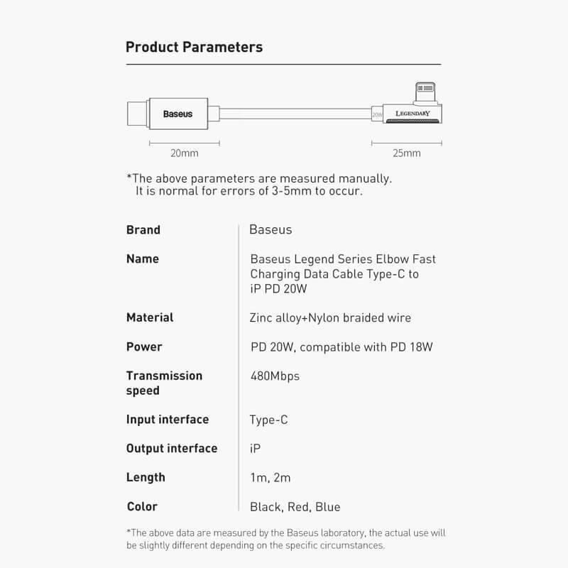 BASEUS PD 20W Elbow USB-C to Lightning Charging Cable (1M) | Legendary Series L-Shaped Bend Type-C to Apple iPhone Fast Charger Cable