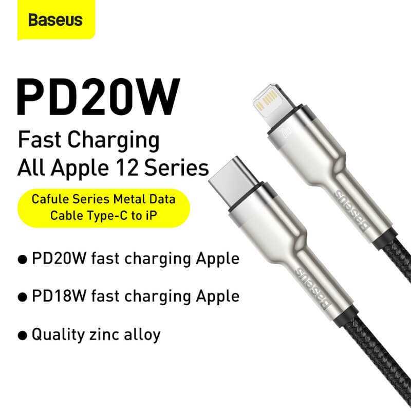 BASEUS PD 20W USB-C to Lightning Charging Cable (25cm) | Cafule Metal Series Type-C to iPhone Fast Charger Cable